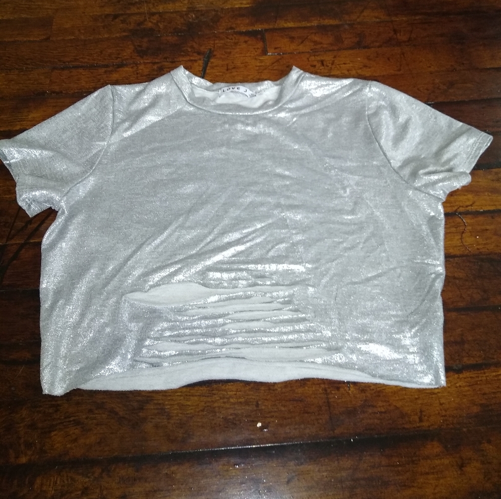 Love J silver metallic sweat shirt crop top